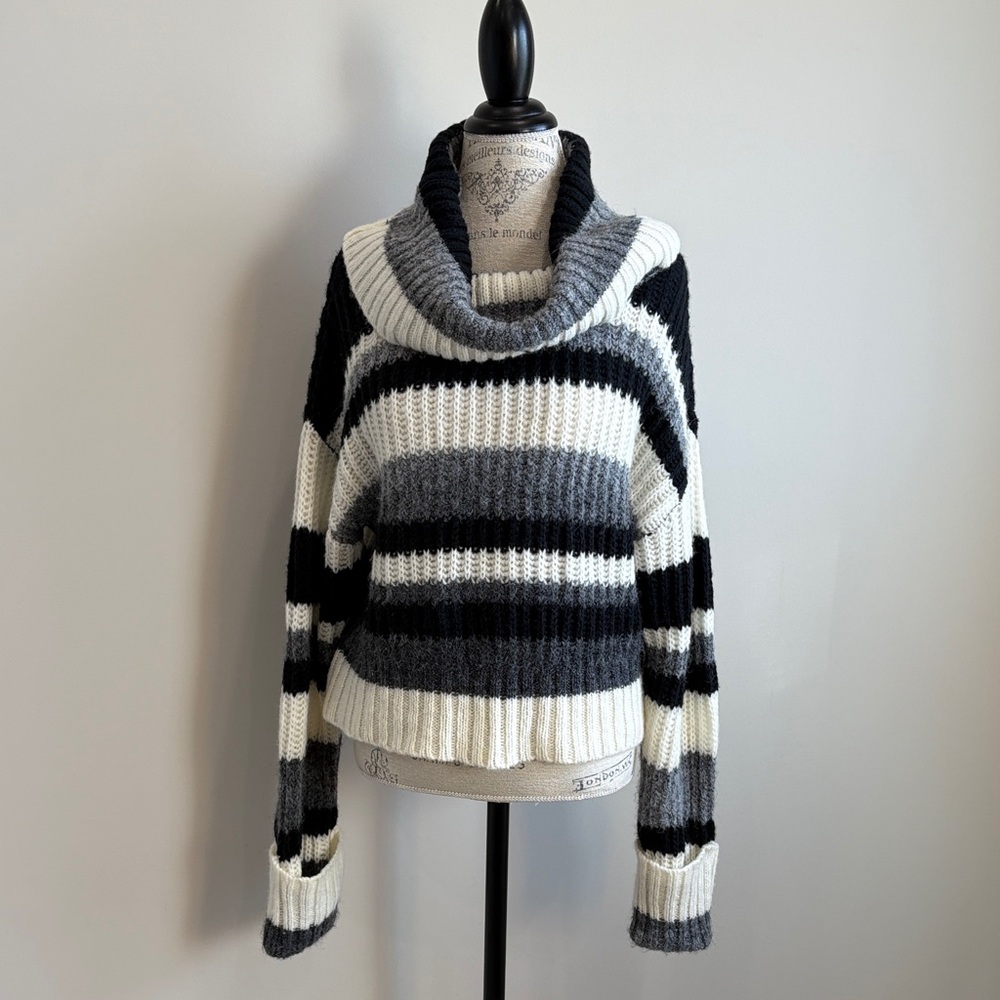 Anthropologie Black and Gray Striped Cowl Neck Sweater